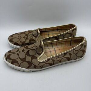 Coach Abbe Slip On Sneakers Womens 10B Brown Signature C Canvas Gold Trim A1494